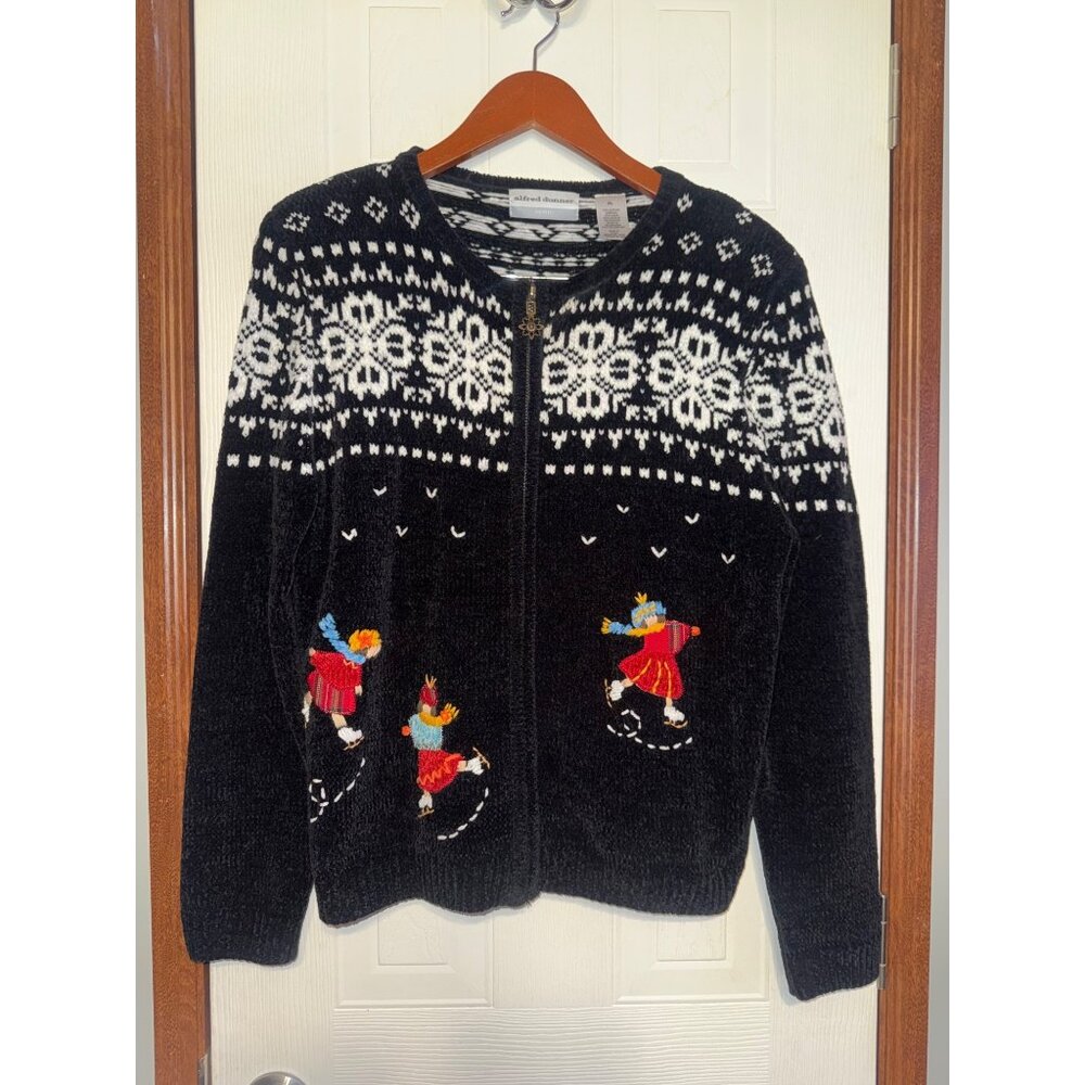 Alfred Dunner Fair Isle Ice Skaters Chenille Full Zip Cardigan Sz Large Petite